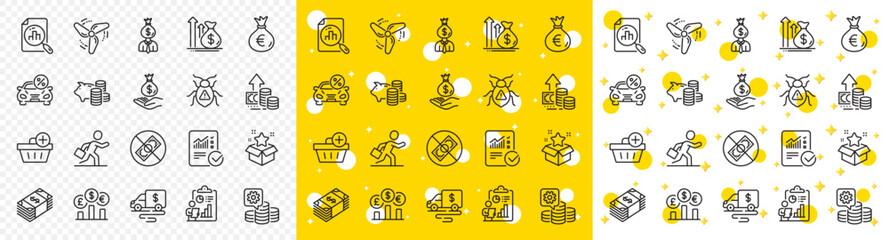 Outline Loyalty program, Usd currency and Report line icons pack for web with Income money, Piggy bank, Making money line icon. Checked calculation, Cash transit. Yellow design with 3d stars. Vector