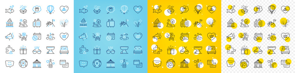 Vector icons set of Smile face, Puzzle and Gift dream line icons pack for web with Circus tent, Air balloon, Fireworks outline icon. Pillows, Baggage, Special offer pictogram. Lake, Pin. Vector
