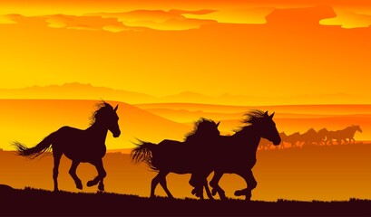 Fototapeta na wymiar silueta de cabajllo, caballo, paisaje, atardecer, vectores, galope, montaña, lienzo, colinas, horizonte
