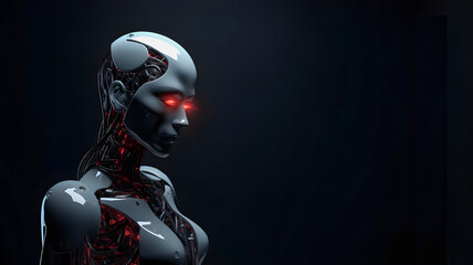 Female Robot portrait, technology concept, free copy space on dark background. AI generated