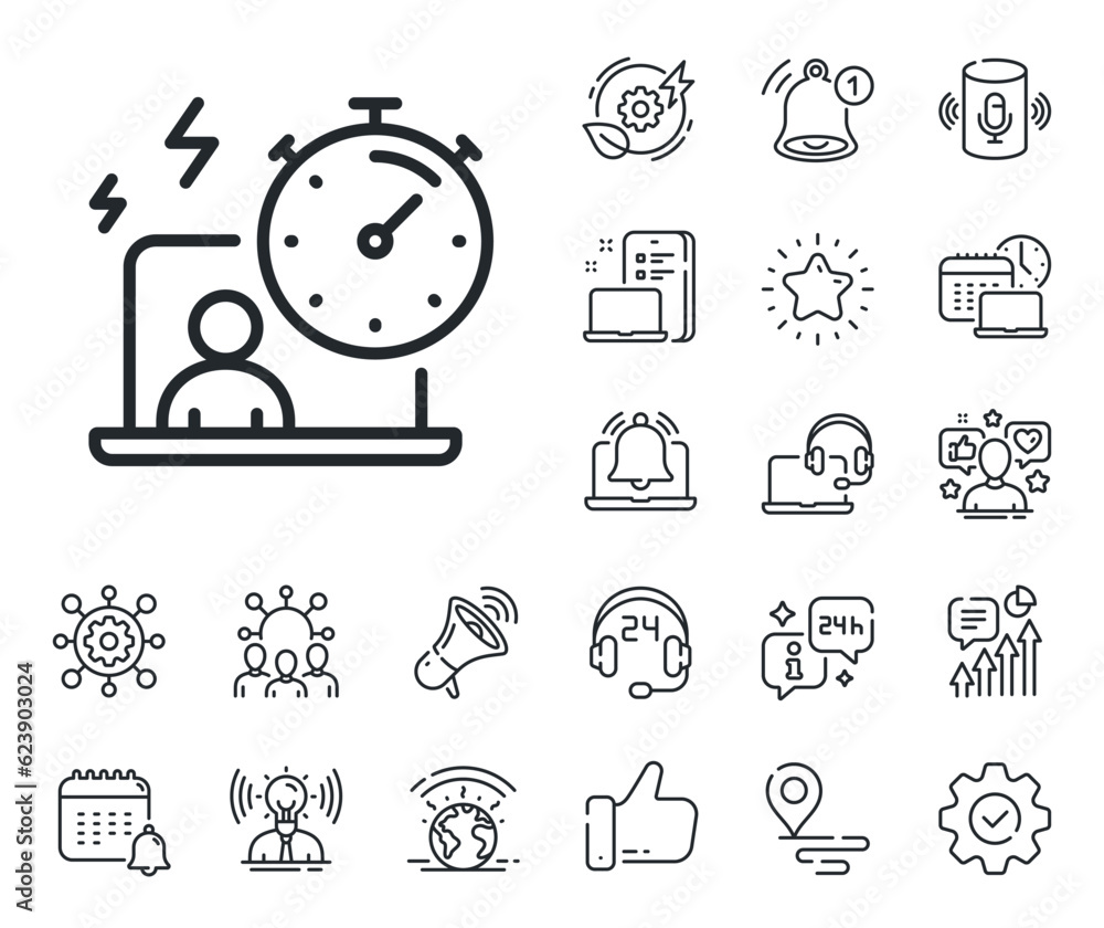 Poster task stopwatch time sign. place location, technology and smart speaker outline icons. work timer lin