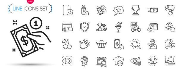 Obraz na płótnie Canvas Pack of 5g technology, Elephant on ball and Shield line icons. Include Loyalty star, Best market, Award cup pictogram icons. Hand, Phone payment, Trophy signs. Dumbbell, Fitness calendar. Vector