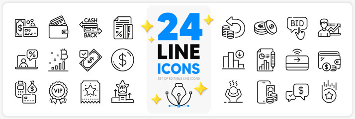 Icons set of Vip award, Savings and Difficult stress line icons pack for app with Loyalty star, Decreasing graph, Accepted payment thin outline icon. Vip podium, Bid offer, Phone pay pictogram. Vector