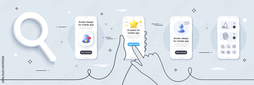 Poster vip timer, global business and face detect line icons pack. phone screen mockup with 3d star, alert 