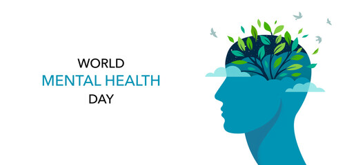 World Mental Health day, concept design with abstract human head profile, flowers and birds