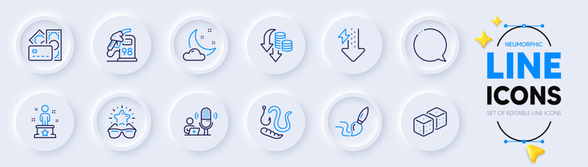 Money, Worms and Energy drops line icons for web app. Pack of Petrol station, Success, Podcast pictogram icons. Dice, Deflation, Speech bubble signs. Brush, Best glasses, Night weather. Vector