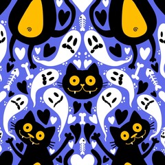 Cartoon animals monsters seamless Halloween cats and ghost pattern for wrapping paper and fabrics and kids clothes