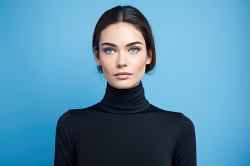 Attractive young woman in a black turtle neck top against a blue background.