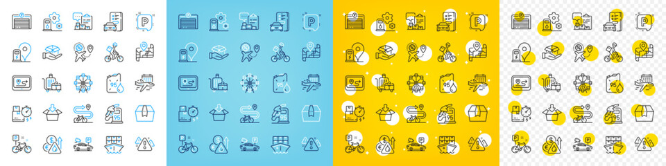 Vector icons set of Shipment, Select flight and Flight sale line icons pack for web with Petrol station, Bike path, Map outline icon. Inventory report, Bike, Baggage cart pictogram. Vector