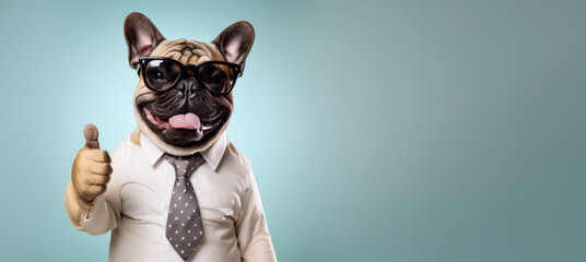 Dog in smart business shirt and tie, sunglasses, looking like businessman, showing approving thumbs up to appreciate good work or product. Wide banner with copy space right side. Generative AI