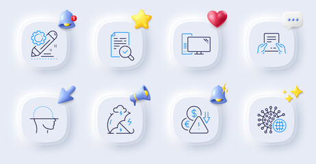 Coronavirus, Receive file and Face scanning line icons. Buttons with 3d bell, chat speech, cursor. Pack of Computer, Project edit, Stress protection icon. Deflation, Inspect pictogram. Vector