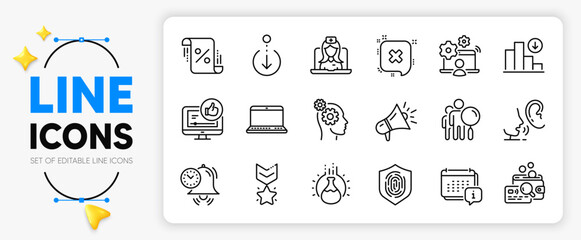 Scroll down, Chemistry experiment and Like video line icons set for app include Telemedicine, Fingerprint, Time management outline thin icon. Decreasing graph, Megaphone. Vector