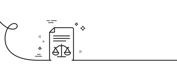 Legal documents line icon. Continuous one line with curl. Justice scales sign. Judgement doc symbol. Legal documents single outline ribbon. Loop curve pattern. Vector