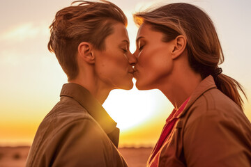 Two women, lesbian couple kissing at sunset, closeup detail to faces, orange sky behind them. Happy candid romantic moment - LBGT concept. Generative AI