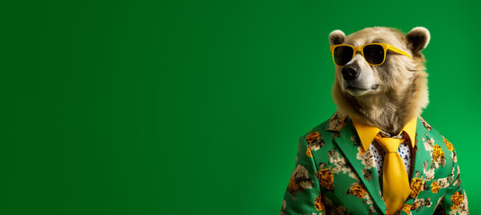 Cool looking bear wearing funky fashion dress - jacket, shirt, tie, dark shades sunglasses. Wide banner with copy space side. Stylish animal posing. Generative AI