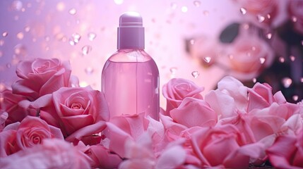 Fototapeta na wymiar Skincare bottle mockup with roses. Illustration AI Generative