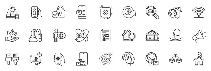 Icons pack as Parcel shipping, Home and Full rotation line icons for app include International delivery, Reject, Smartphone notification outline thin icon web set. Wifi, Data analysis. Vector