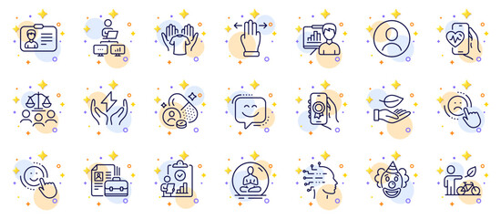 Obraz premium Outline set of Work home, Safe energy and Headshot line icons for web app. Include Clown, Smile, Artificial intelligence pictogram icons. Hold t-shirt, Multitasking gesture. Vector