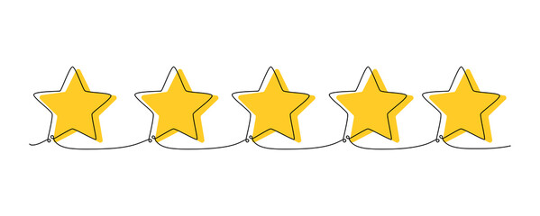 Rating stars one single hand drawing line. Vector stock illustration isolated on white background for design top review feedback web page bar, restaurant, hotel, vote. Editable stroke. 