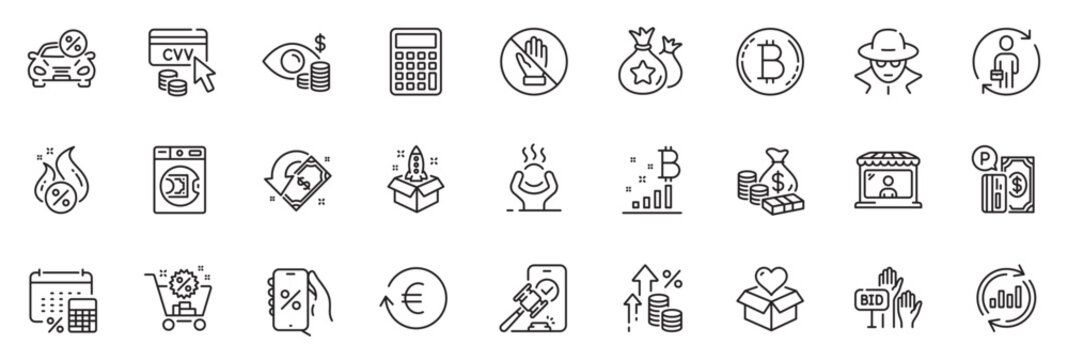 Icons pack as Annual tax, Loyalty points and Exchange currency line icons for app include Money, Bitcoin graph, Market seller outline thin icon web set. Cvv code, Bitcoin, Donation pictogram. Vector