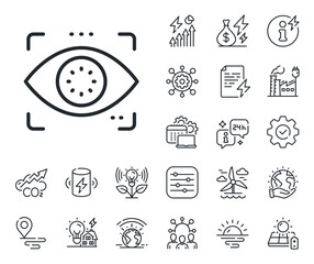 Fototapeta premium Retina scan sign. Energy, Co2 exhaust and solar panel outline icons. Eye detect line icon. Biometric data symbol. Eye detect line sign. Eco electric or wind power icon. Green planet. Vector