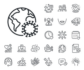 Covid-19 global virus sign. Online doctor, patient and medicine outline icons. Coronavirus pandemic line icon. Corona virus symbol. Coronavirus line sign. Vector
