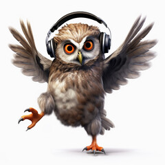 Fototapeta premium owl bird animal in headphone singing and hear music illustration with white background 