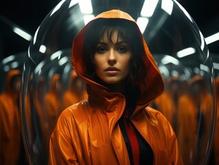 Professional model wearing blade runner inspired clorthing in a photoshooting