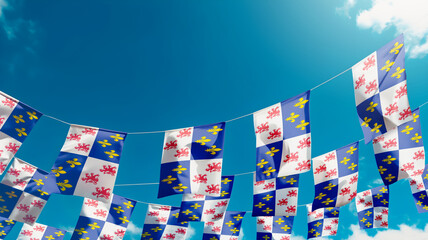 Flag of Picardy - France against the sky, flags hanging vertically