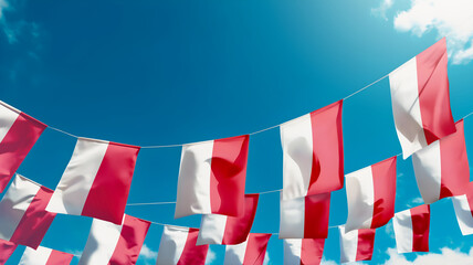 Flag of Monaco against the sky, flags hanging vertically