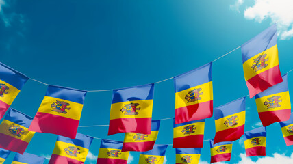 Flag of Moldova against the sky, flags hanging vertically