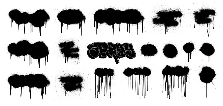 Graffiti stencils mockup. Hand-drawn street art set, spray effect with drop paint, splash, dripping paint. Graffiti template elements with smudges and drops. Isolated dirty texture. Spray vector set