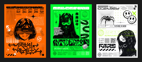 Naklejka premium Retrofuturistic posters with cute anime girls, hi-tech, y2k geometric shapes, HUD interface. Cyberpunk 3D posters with manga girl in futuristic style. Prints for typography, streetwear, merch, t-shirt