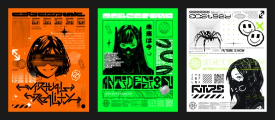 Fotobehang Retrofuturistic posters with cute anime girls, hi-tech, y2k geometric shapes, HUD interface. Cyberpunk 3D posters with manga girl in futuristic style. Prints for typography, streetwear, merch, t-shirt © SergeyBitos