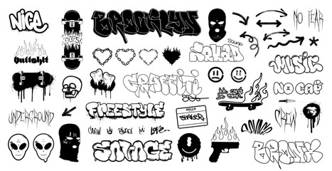 Street art, urban culture, graffiti, tags, calligraphy, lettering. Graphic spray and graffiti box with spray effect, dripping paint. Hip hop 3D street art. phrases for t-shirt, streetwear. Vector set