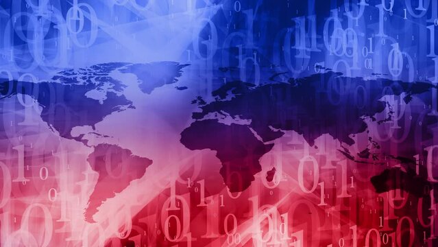 Securing data binary code animation with encryption and decryption in a world map background. Matrix of possibilities exploring binary code animation and algorithmic patterns