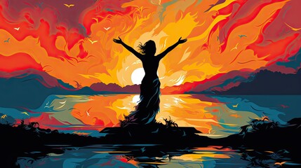 Girl dancing in the sunset. Colorful zen energy painting. Symbol of freedom and happiness.