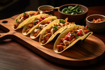 Fototapeta premium Crispy grilled chicken Tacos with mustard and ketchup served in wooden plate AI-Generated