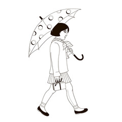 girl with sun umbrella in sun protective clothes black and white linear illustration