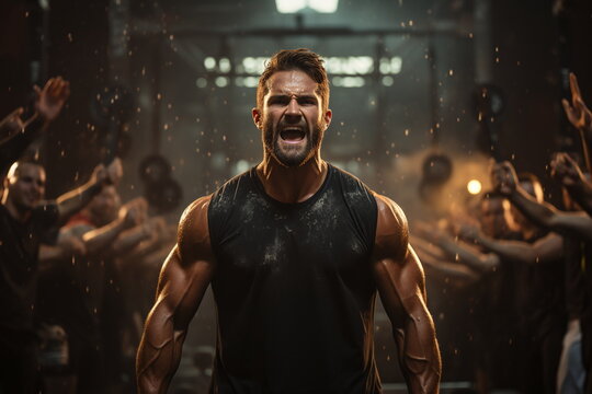 Bodybuilder erreicht sein Ziel, gefeiert durch seine Freunde, 2, AI generiert