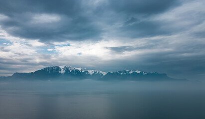 Fototapeta na wymiar Dramatic sky over Lake Leman in Switzerland - travel photography