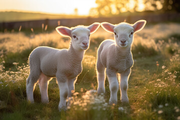 Two young lamb sheep on spring meadow looking curious into camera, nice warm afternoon sunlight haze. Generative AI