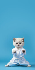 Funny kitten cat in white kimono exercising yoga or Asian martial arts. Legs wide stance, paws in air. Vertical banner with copy space above. Generative AI