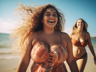 Group of plus sized women, enjoying sunny day at beach. Body positivity concept. Generative AI