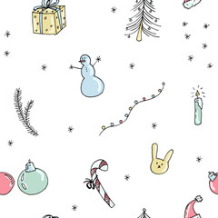 New Year hand drawn seamless pattern with snowman, gifts, bunny and snow - isolated on white background