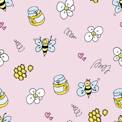 Cute smiling bee with honey and flowers - colorful hand drawn seamless pattern on light pink background