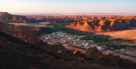 A town seen from Harrat viewpoint, Al Ula, Saudi Arabia.