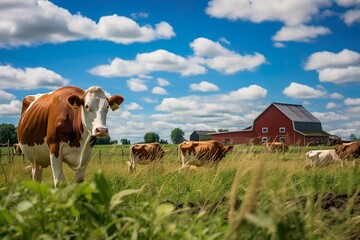 summer cows in field countryside with red barn  | Generative AI