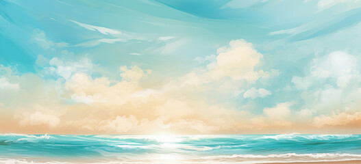 Fototapeta na wymiar Ocean beach with shining sand, in the style of bokeh panorama, light beige, lens flare.