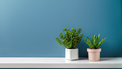 Plant on a shelf and a blue background mock up.